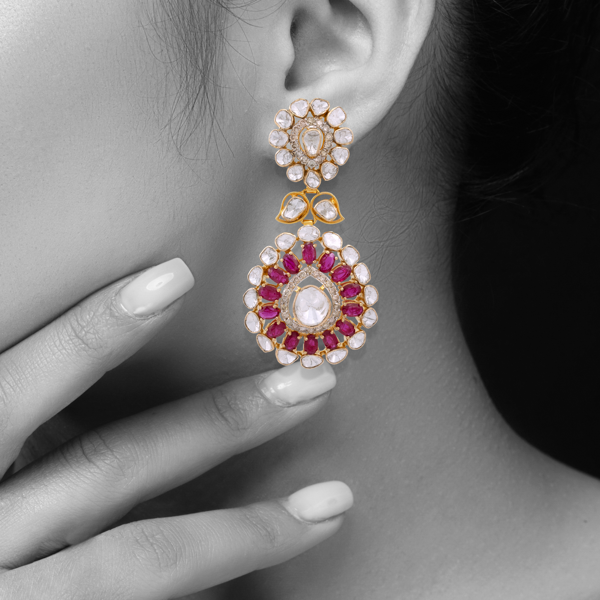 Polki and Ruby Halo Danglers with Floral Drop
